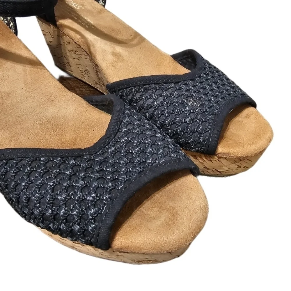 Toms Black Buckle Open Toe Cork Wedges